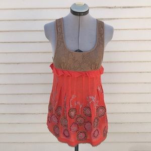 Free people lace tan orange floral open back top 0